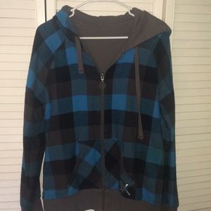 Plaid blue and black reversible zip-up Fox hoodie